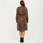Long Sleeve Leopard Print Midi Dress with V Neck Elastic Waist Flowy A Line Fit Casual Dress