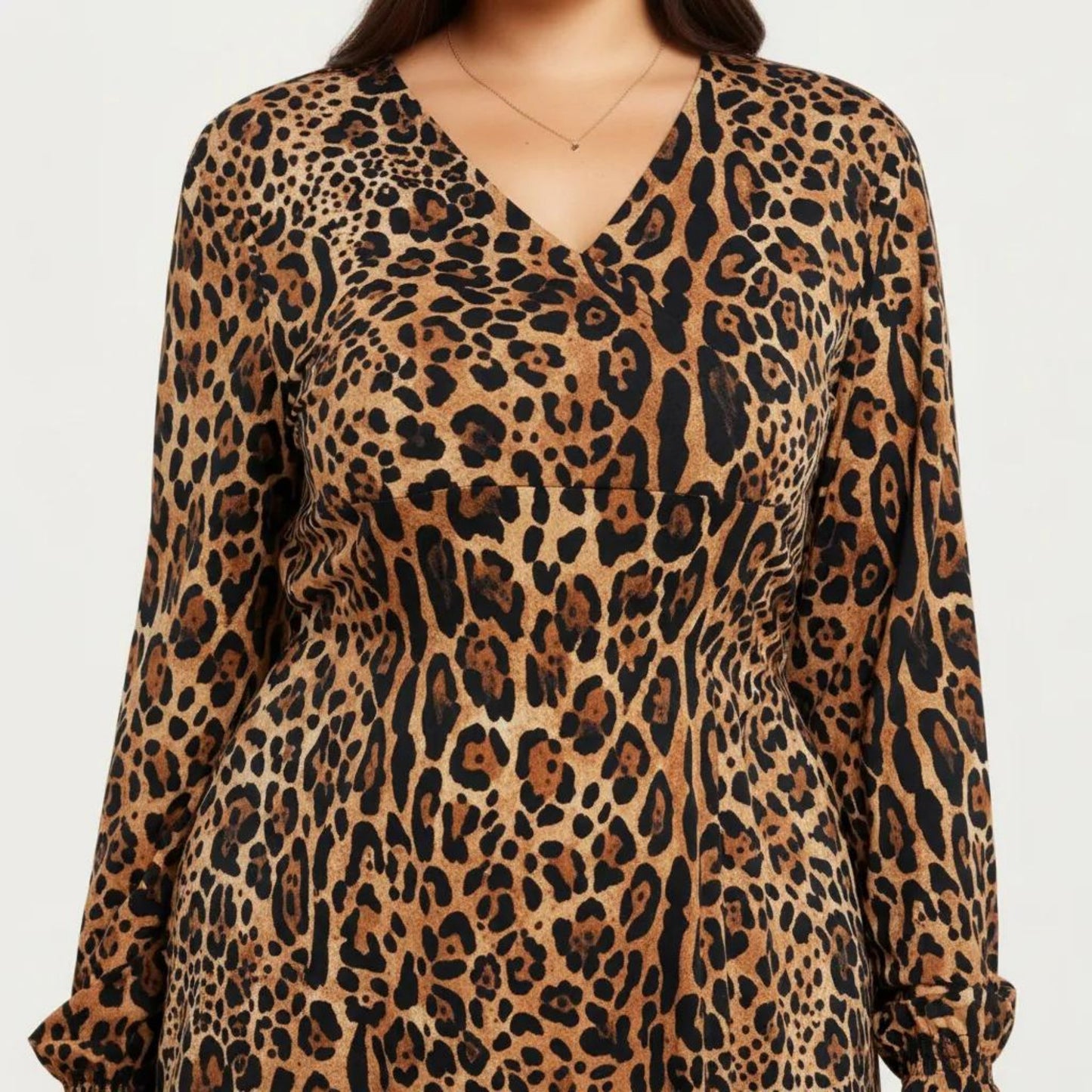 Long Sleeve Leopard Print Midi Dress with V Neck Elastic Waist Flowy A Line Fit Casual Dress
