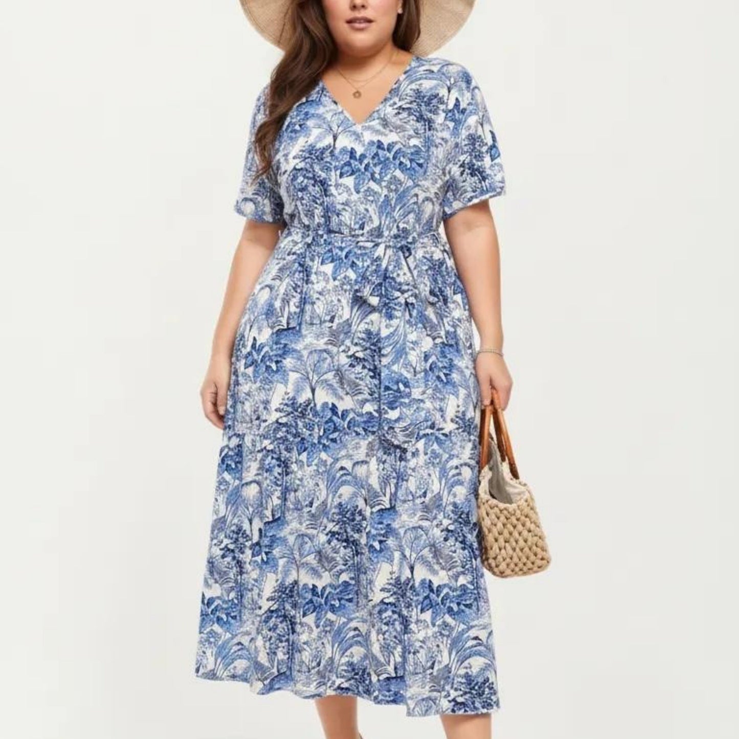 Short Sleeve V Neck Midi Dress with Waist Tie Belt All Over Print Flowy Fit Casual Vacation Dress