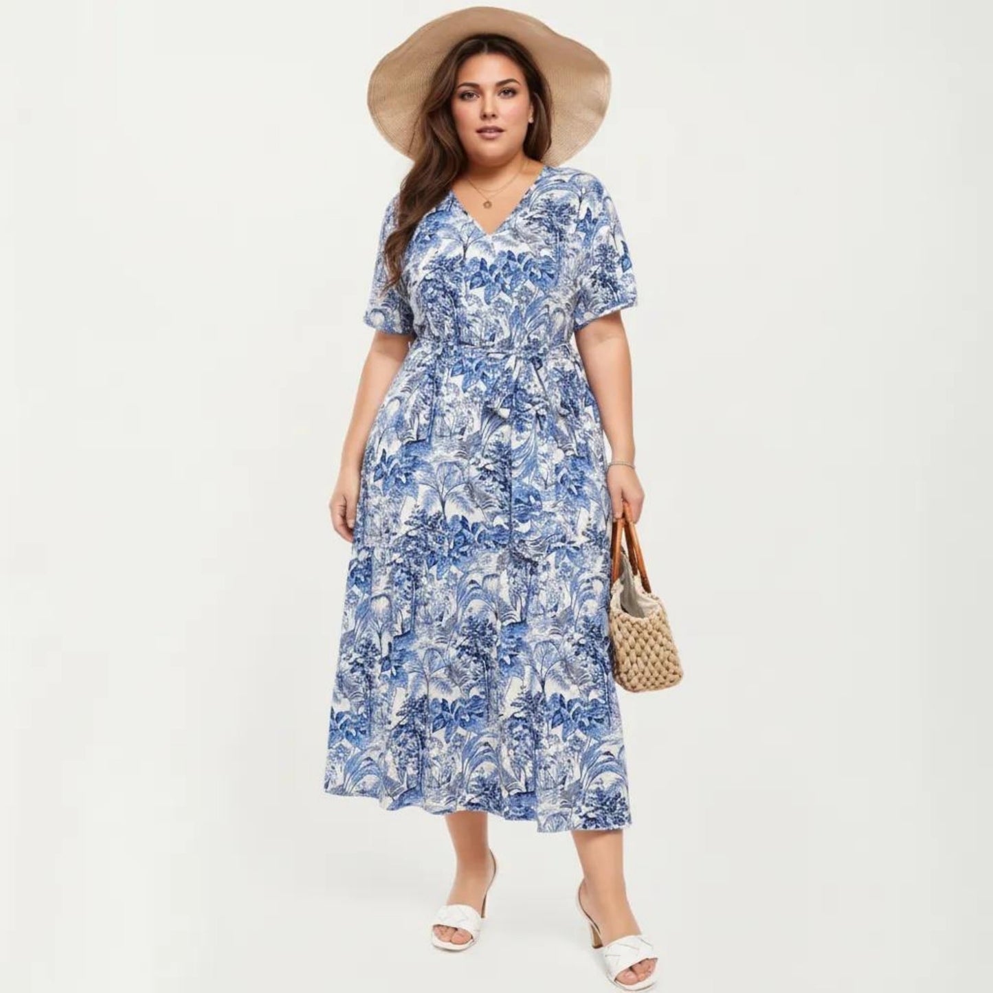 Short Sleeve V Neck Midi Dress with Waist Tie Belt All Over Print Flowy Fit Casual Vacation Dress