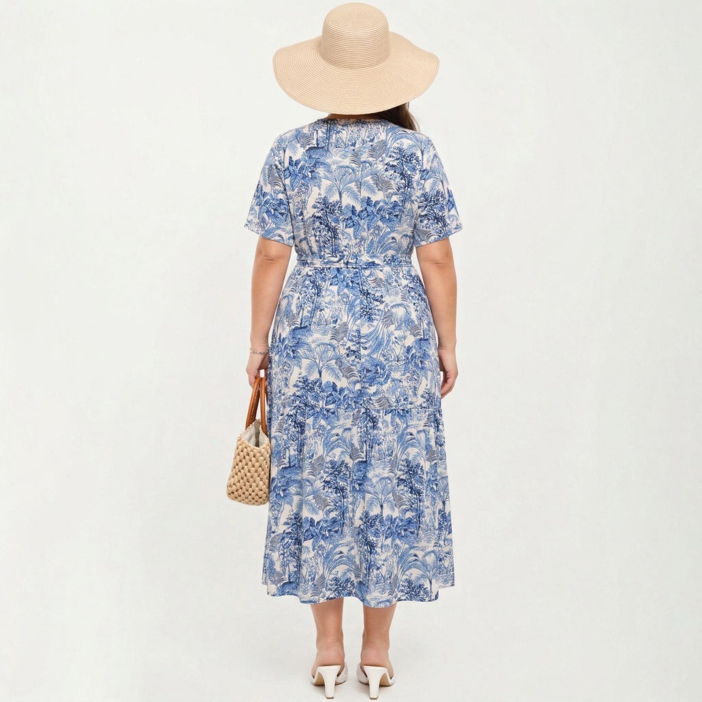 Short Sleeve V Neck Midi Dress with Waist Tie Belt All Over Print Flowy Fit Casual Vacation Dress