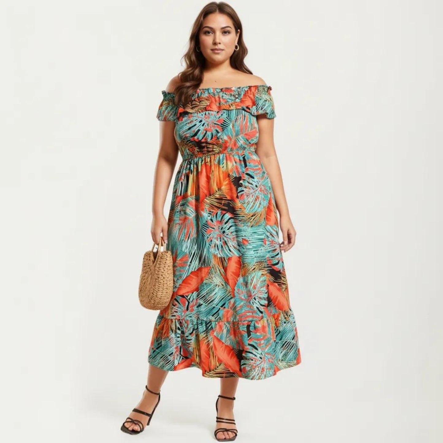 Off Shoulder Tropical Print Midi Dress with Ruffle Neckline Elastic Waist Tiered Hem Flowy Dress