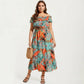 Off Shoulder Tropical Print Midi Dress with Ruffle Neckline Elastic Waist Tiered Hem Flowy Dress