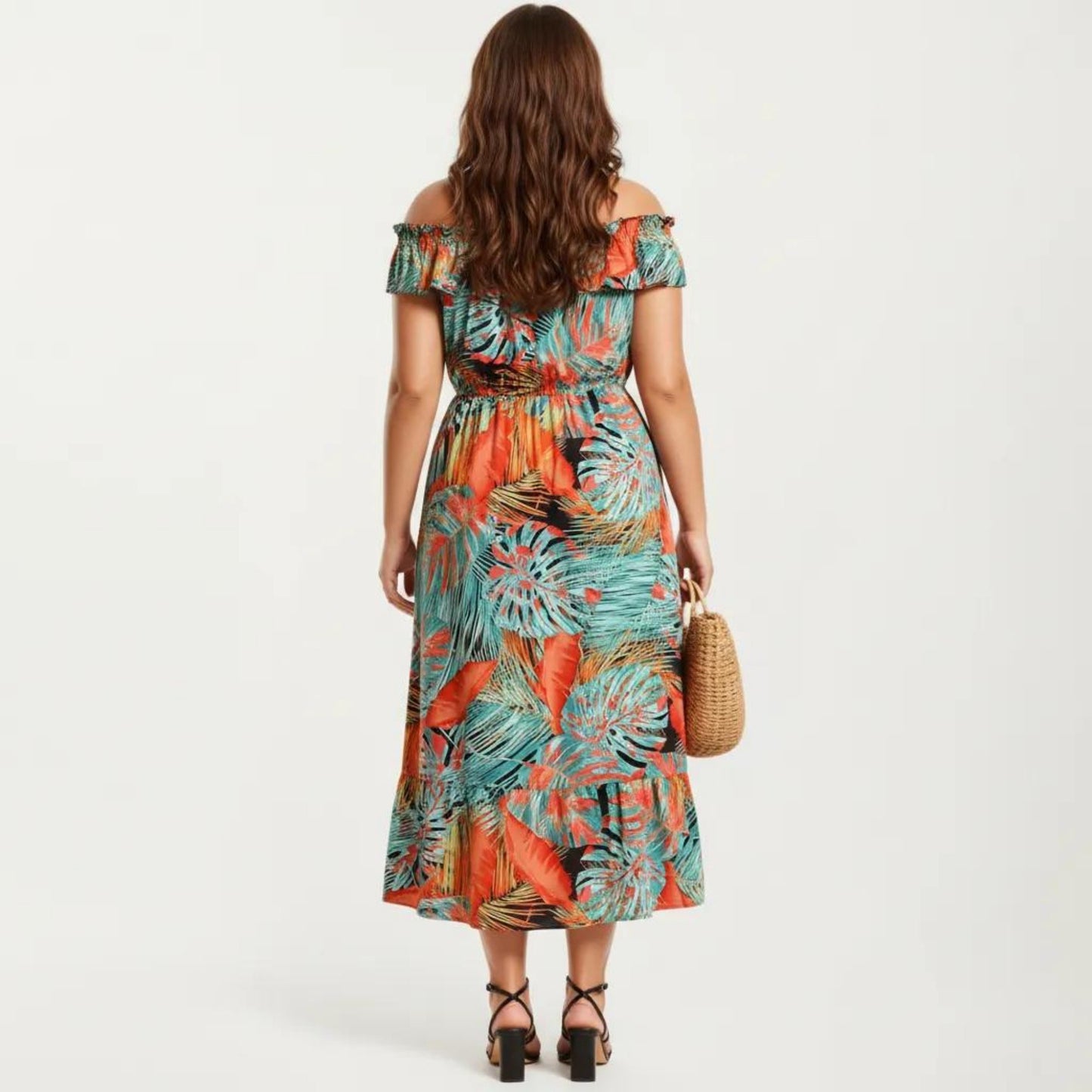 Off Shoulder Tropical Print Midi Dress with Ruffle Neckline Elastic Waist Tiered Hem Flowy Dress