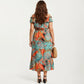 Off Shoulder Tropical Print Midi Dress with Ruffle Neckline Elastic Waist Tiered Hem Flowy Dress