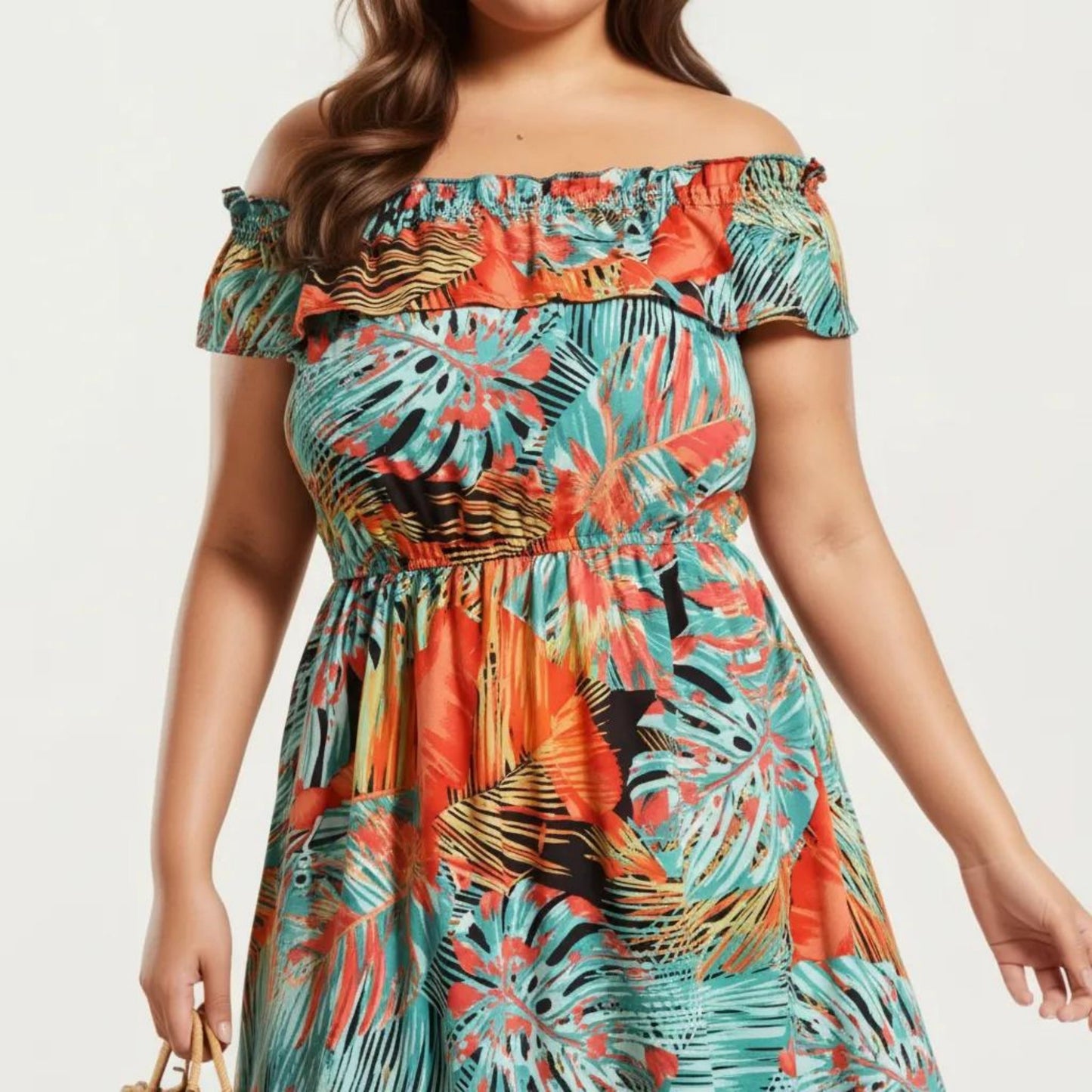 Off Shoulder Tropical Print Midi Dress with Ruffle Neckline Elastic Waist Tiered Hem Flowy Dress