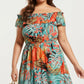 Off Shoulder Tropical Print Midi Dress with Ruffle Neckline Elastic Waist Tiered Hem Flowy Dress