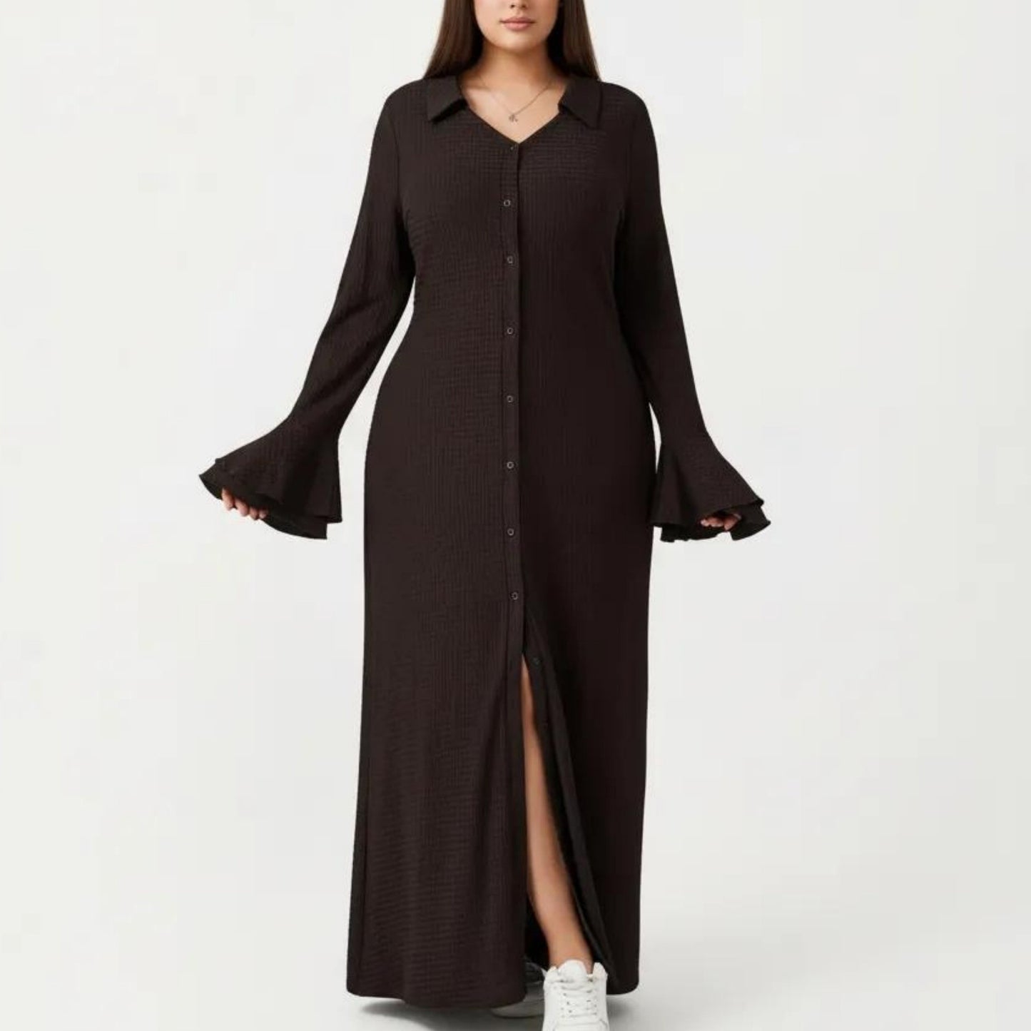Button Down Maxi Dress with Collar Neck Flare Sleeve Detail Front Slit Relaxed Fit Dress