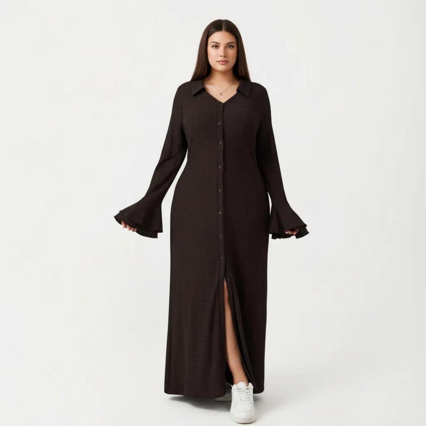 Button Down Maxi Dress with Collar Neck Flare Sleeve Detail Front Slit Relaxed Fit Dress