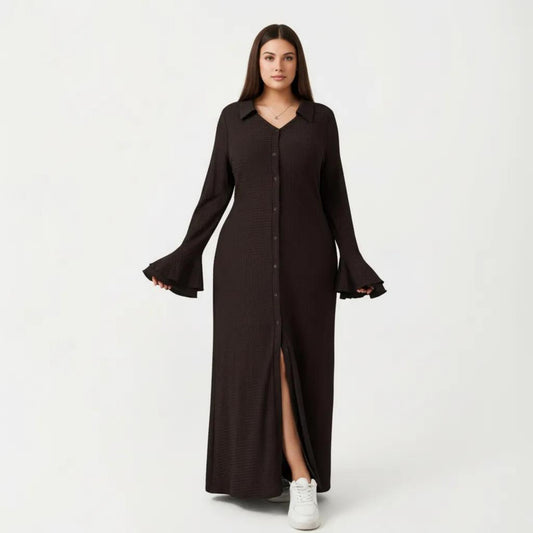 Button Down Maxi Dress with Collar Neck Flare Sleeve Detail Front Slit Relaxed Fit Dress
