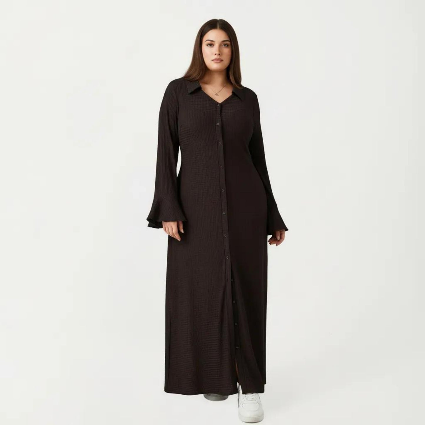 Button Down Maxi Dress with Collar Neck Flare Sleeve Detail Front Slit Relaxed Fit Dress