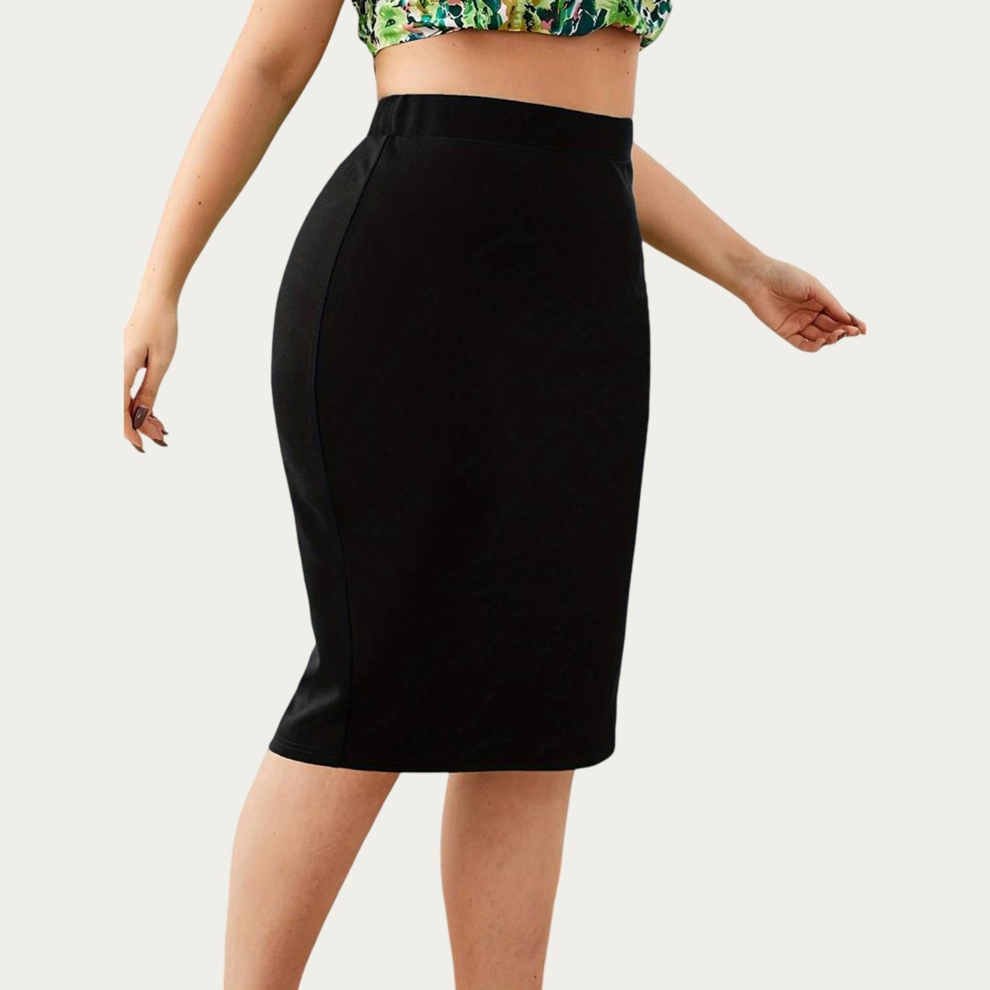 Plus Size High Waist Pencil Skirt with Stretch Fit Knee Length Bodycon Silhouette Pull On Skirt