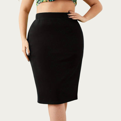 Plus Size High Waist Pencil Skirt with Stretch Fit Knee Length Bodycon Silhouette Pull On Skirt