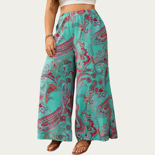 Plus Size Wide Leg Pants with Paisley Print Elastic Waist High Rise Flowy Palazzo Pants