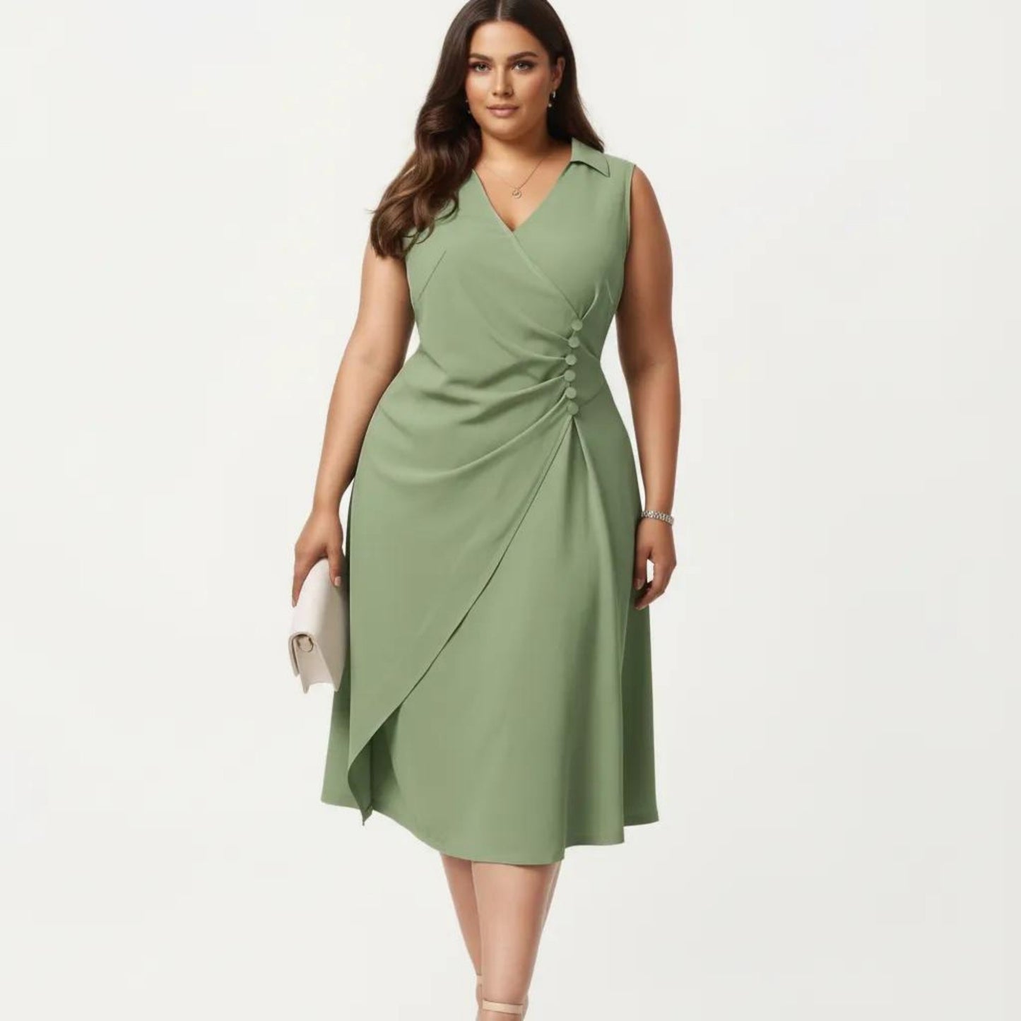 Plus Size Sleeveless Wrap Midi Dress with Side Button Detail V Neck Structured Flowy Dress