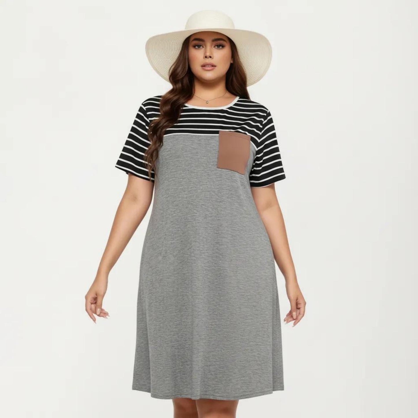 Plus Size Short Sleeve T Shirt Dress with Stripe Contrast Top Color Block and Chest Pocket Detail