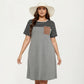 Plus Size Short Sleeve T Shirt Dress with Stripe Contrast Top Color Block and Chest Pocket Detail