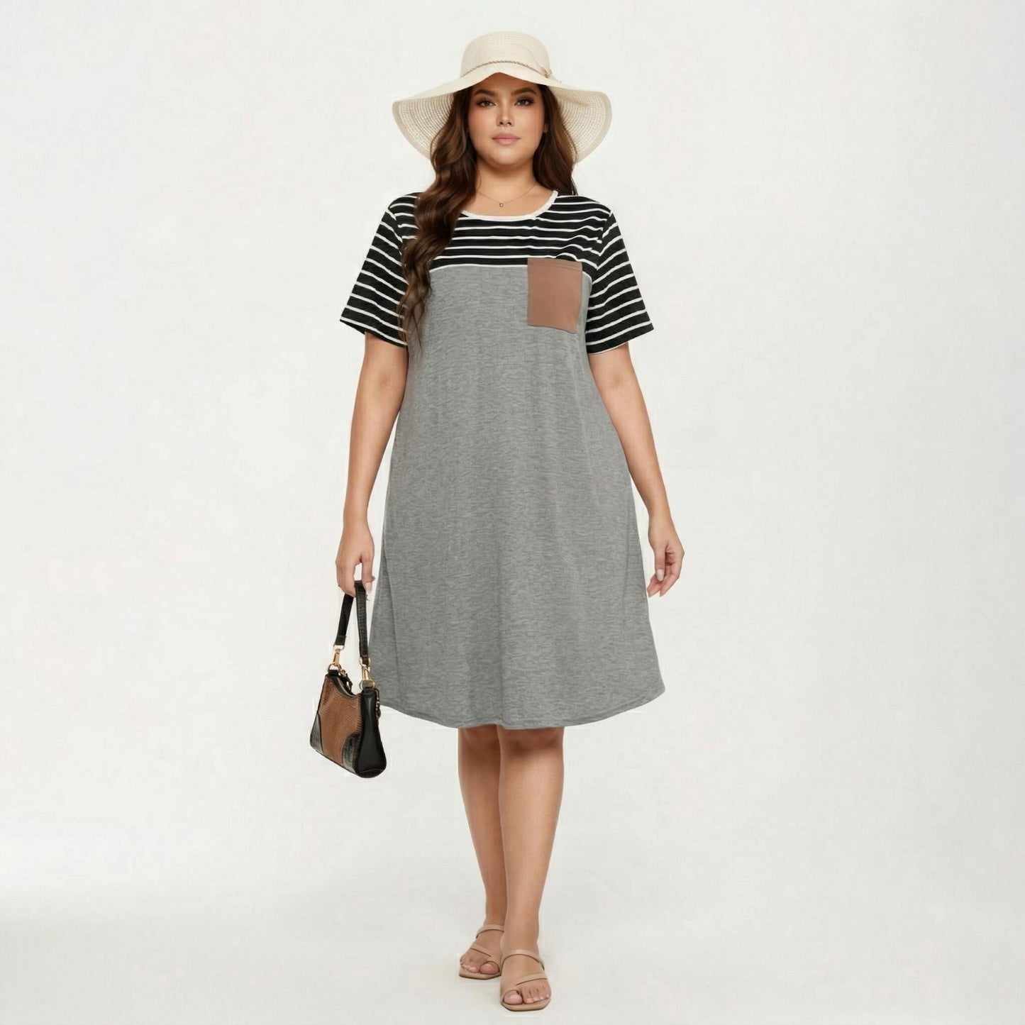 Plus Size Short Sleeve T Shirt Dress with Stripe Contrast Top Color Block and Chest Pocket Detail