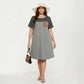 Plus Size Short Sleeve T Shirt Dress with Stripe Contrast Top Color Block and Chest Pocket Detail