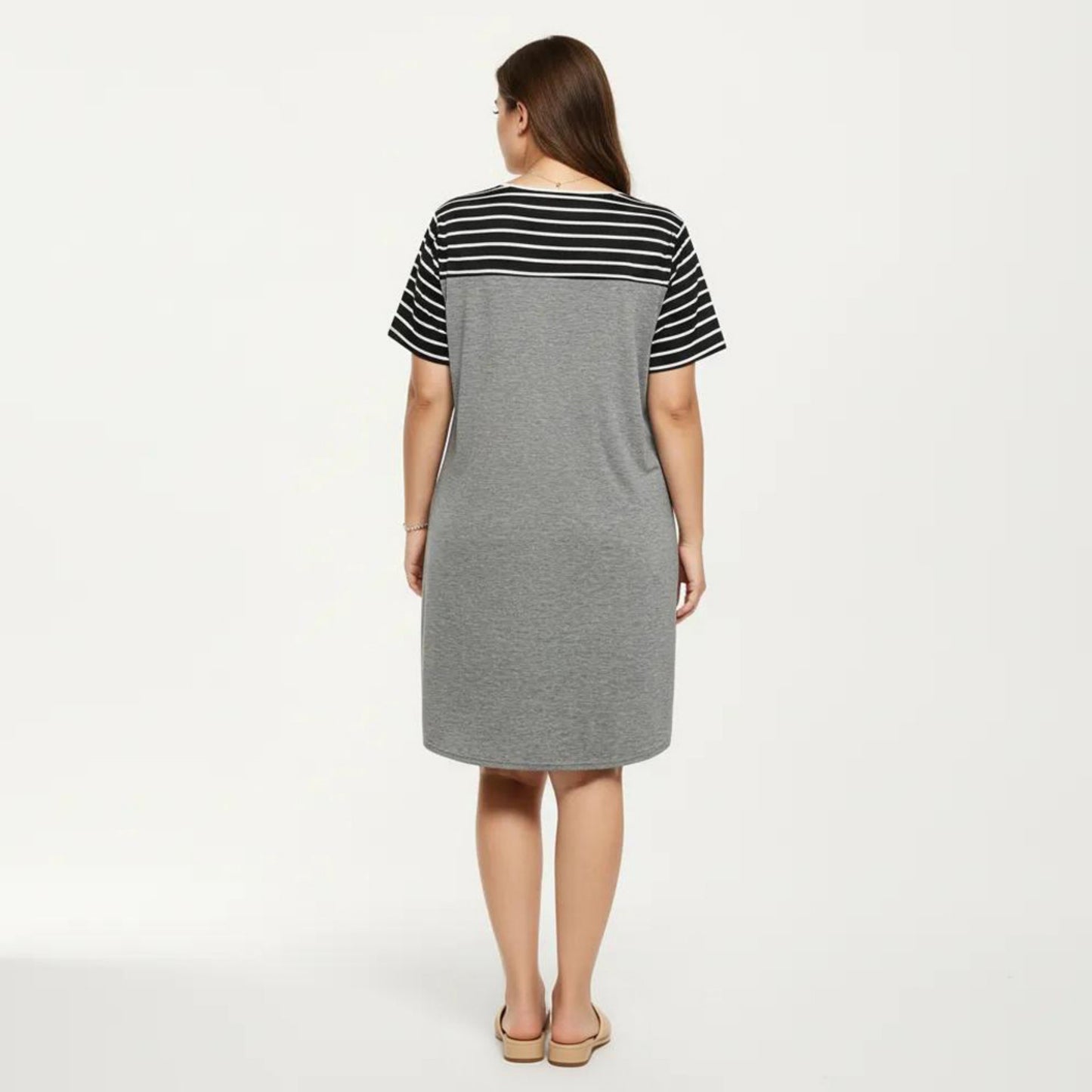 Plus Size Short Sleeve T Shirt Dress with Stripe Contrast Top Color Block and Chest Pocket Detail