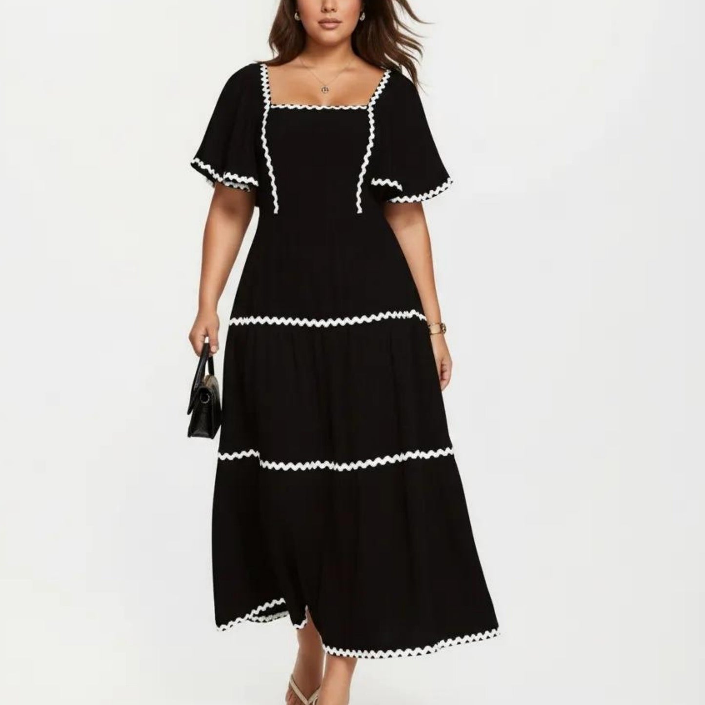 Plus Size Square Neck Midi Dress with Contrast Trim Detail Short Sleeve Tiered Flowy Dress