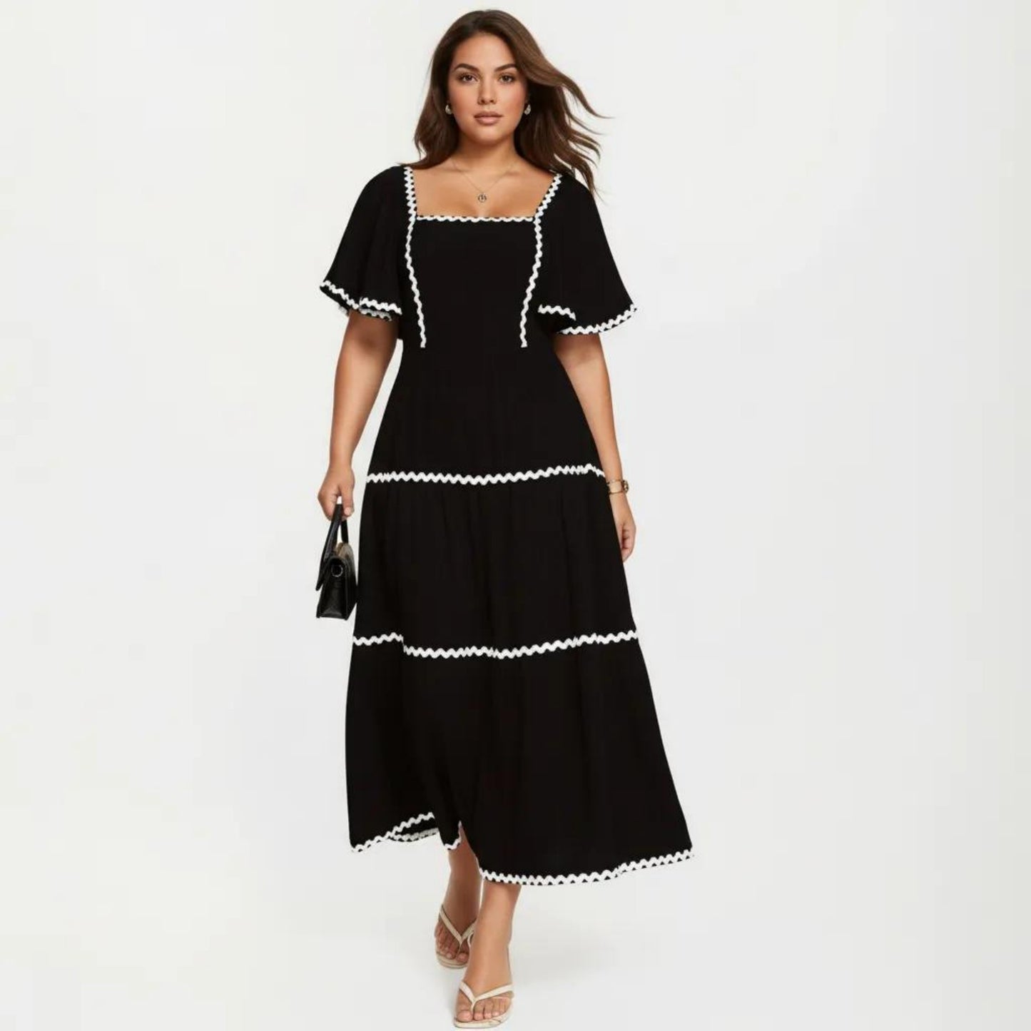 Plus Size Square Neck Midi Dress with Contrast Trim Detail Short Sleeve Tiered Flowy Dress