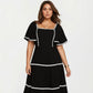 Plus Size Square Neck Midi Dress with Contrast Trim Detail Short Sleeve Tiered Flowy Dress
