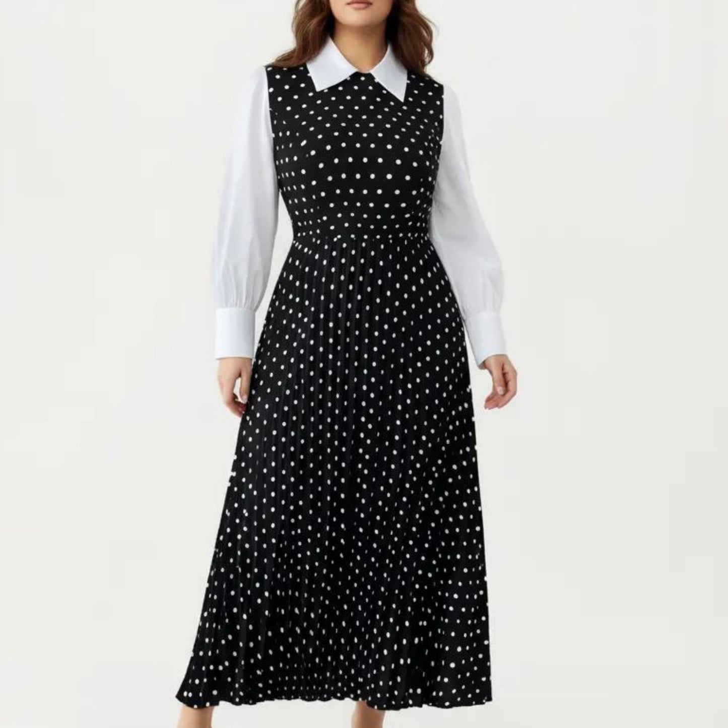 Long Sleeve Polka Dot Midi Dress with Collared Neck Contrast Sleeve Detail and Pleated Skirt
