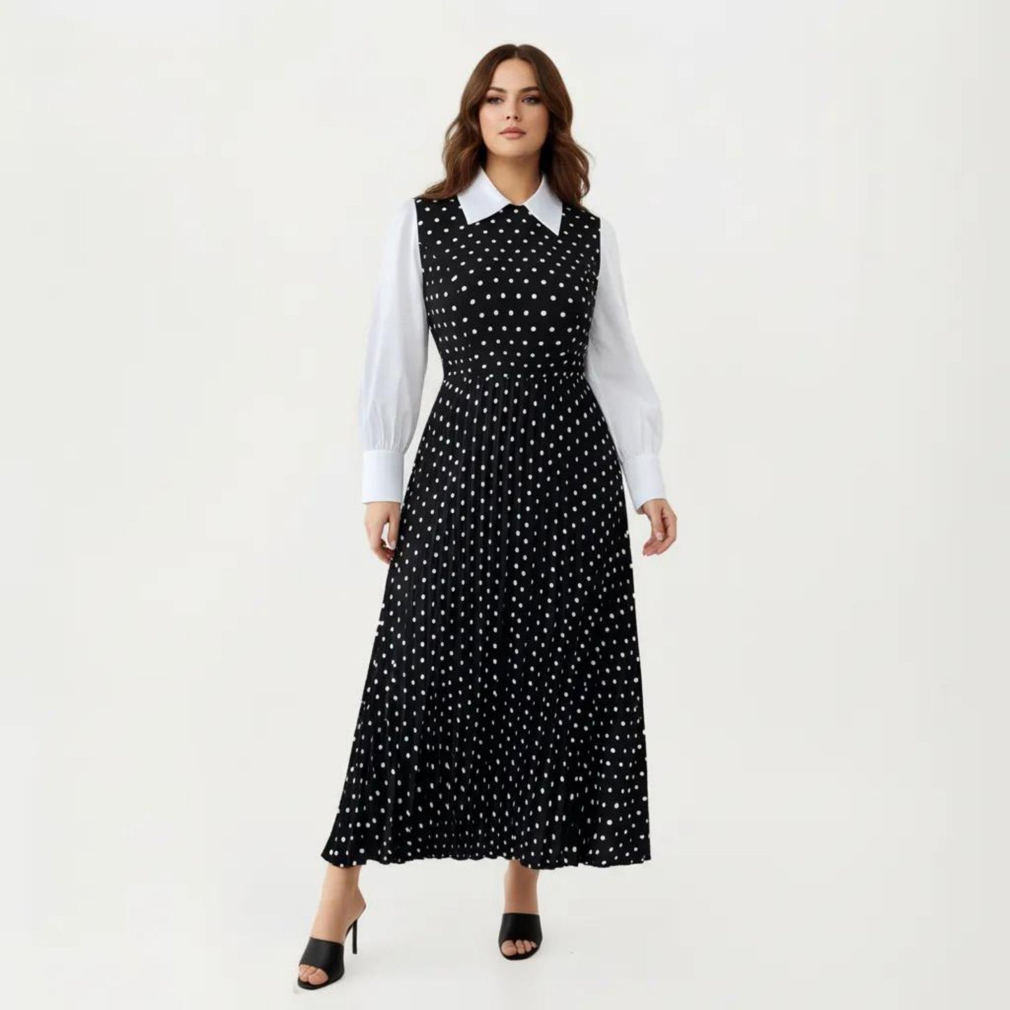 Long Sleeve Polka Dot Midi Dress with Collared Neck Contrast Sleeve Detail and Pleated Skirt