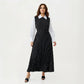 Long Sleeve Polka Dot Midi Dress with Collared Neck Contrast Sleeve Detail and Pleated Skirt