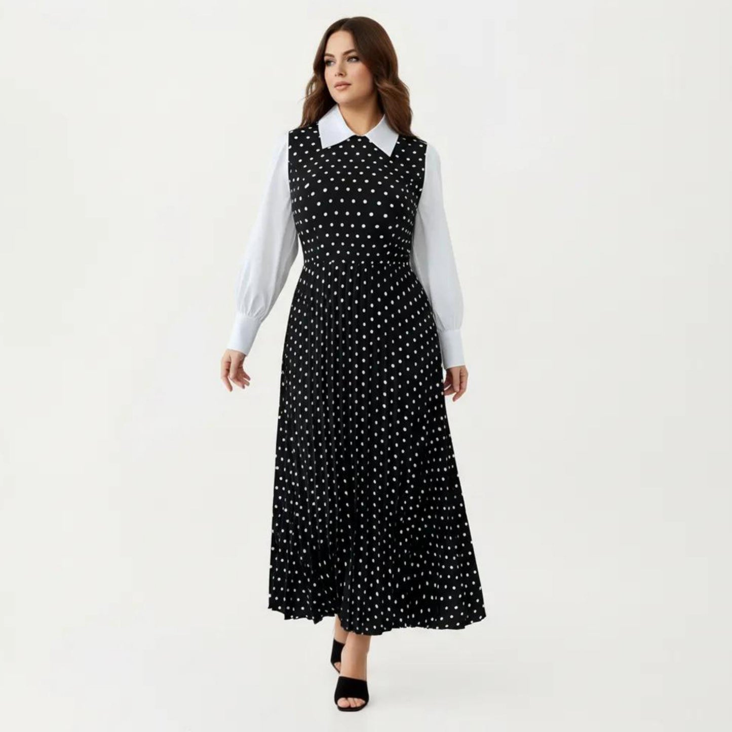 Long Sleeve Polka Dot Midi Dress with Collared Neck Contrast Sleeve Detail and Pleated Skirt