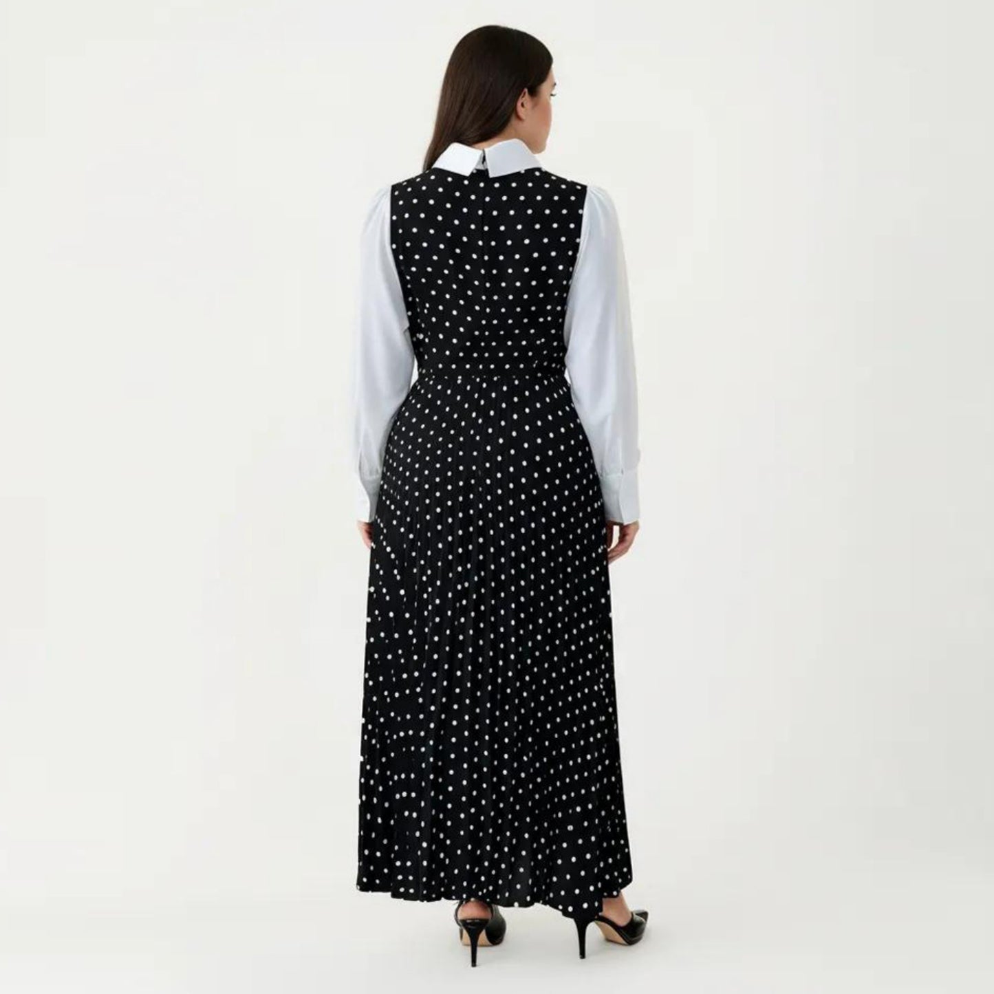 Long Sleeve Polka Dot Midi Dress with Collared Neck Contrast Sleeve Detail and Pleated Skirt