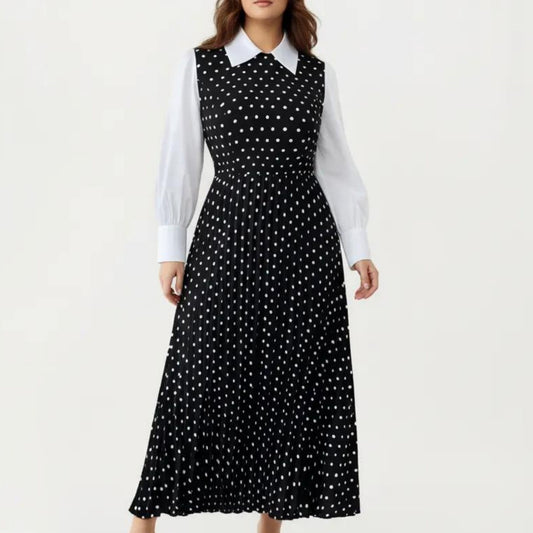 Long Sleeve Polka Dot Midi Dress with Collared Neck Contrast Sleeve Detail and Pleated Skirt