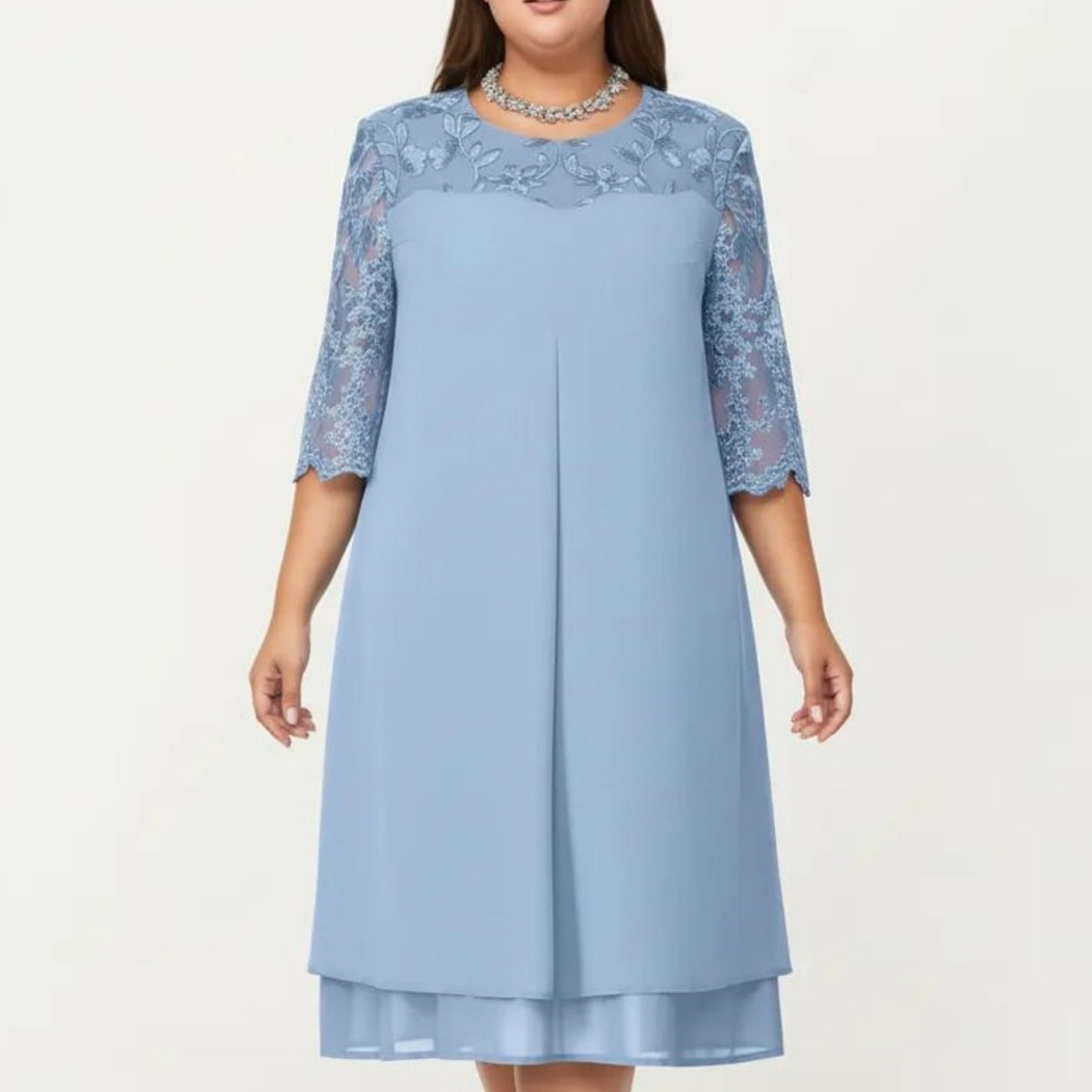Plus Size Lace Yoke Midi Dress with Sheer Sleeve Detail and Layered Hem Flowy Elegant Dress