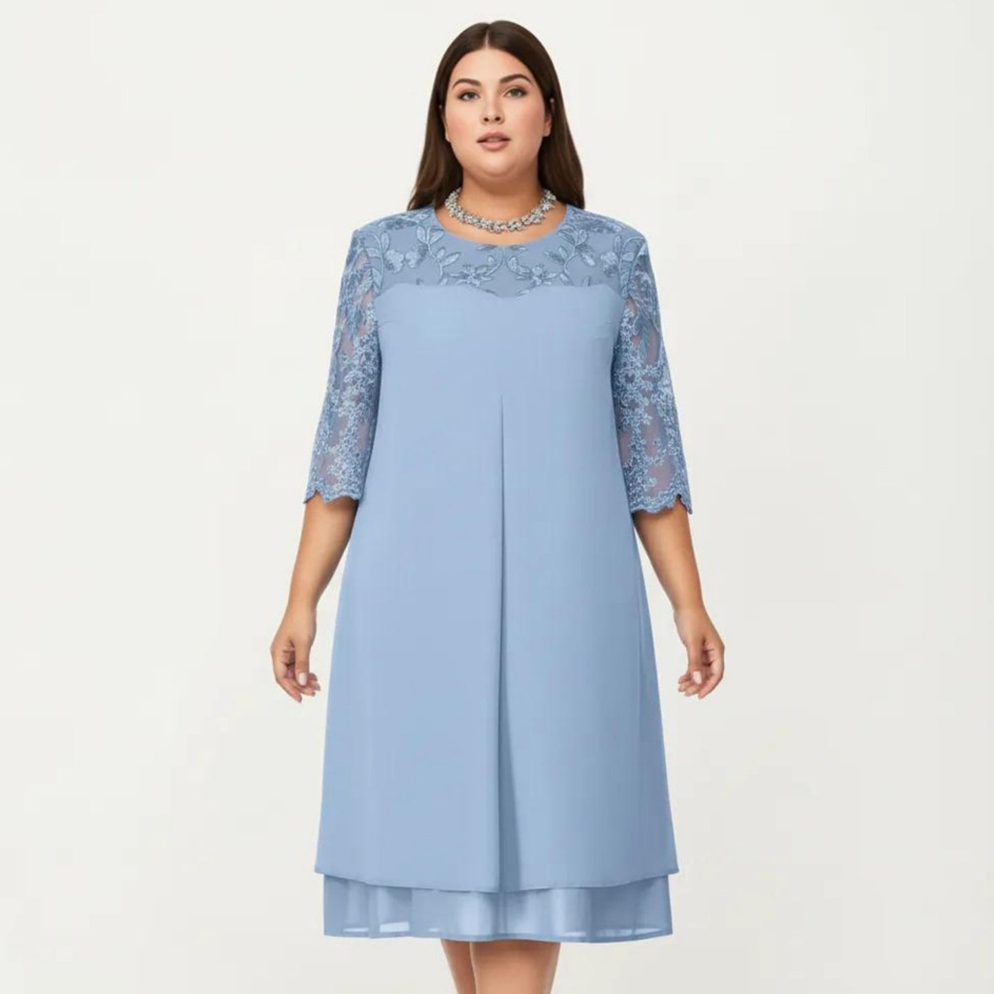 Plus Size Lace Yoke Midi Dress with Sheer Sleeve Detail and Layered Hem Flowy Elegant Dress