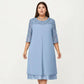 Plus Size Lace Yoke Midi Dress with Sheer Sleeve Detail and Layered Hem Flowy Elegant Dress