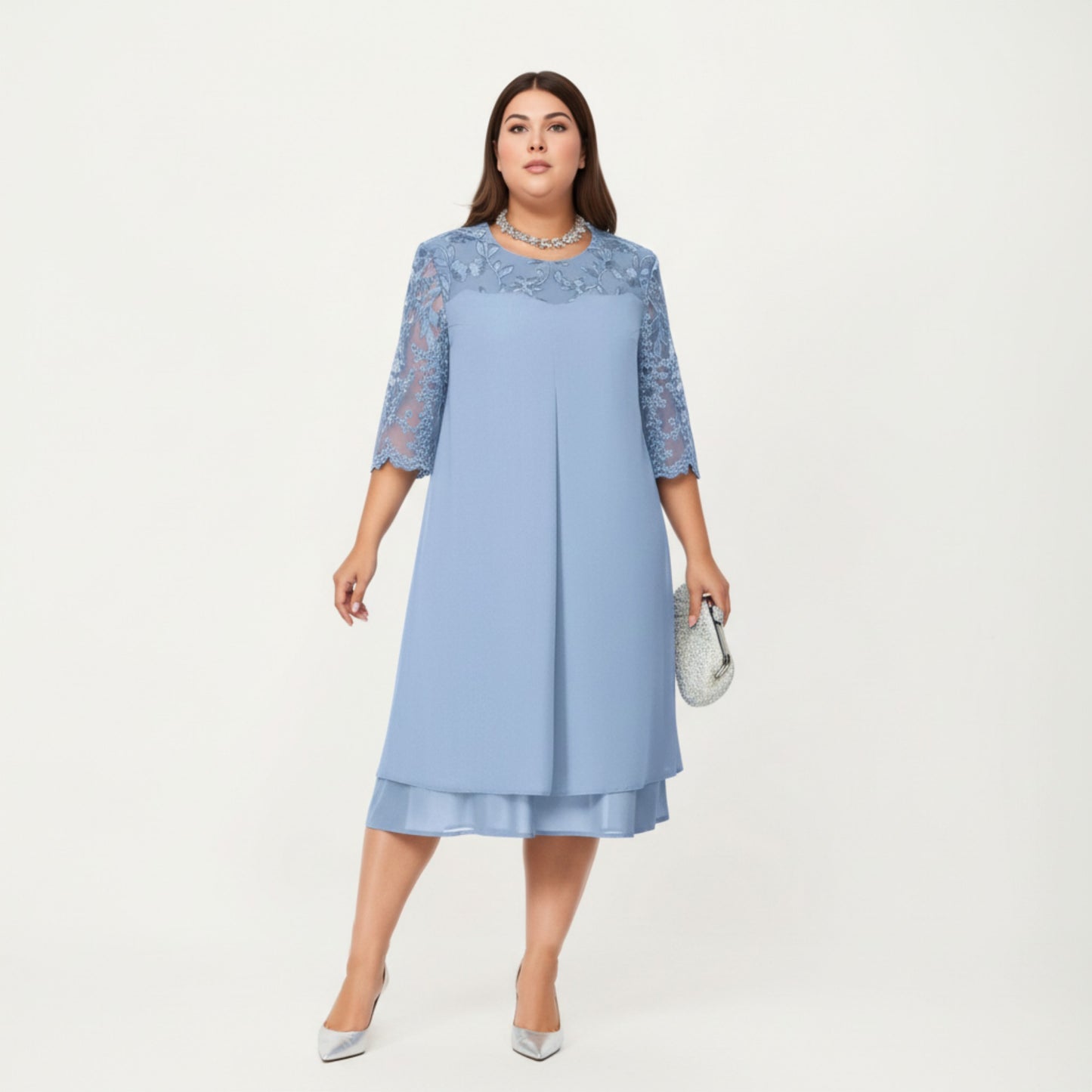 Plus Size Lace Yoke Midi Dress with Sheer Sleeve Detail and Layered Hem Flowy Elegant Dress