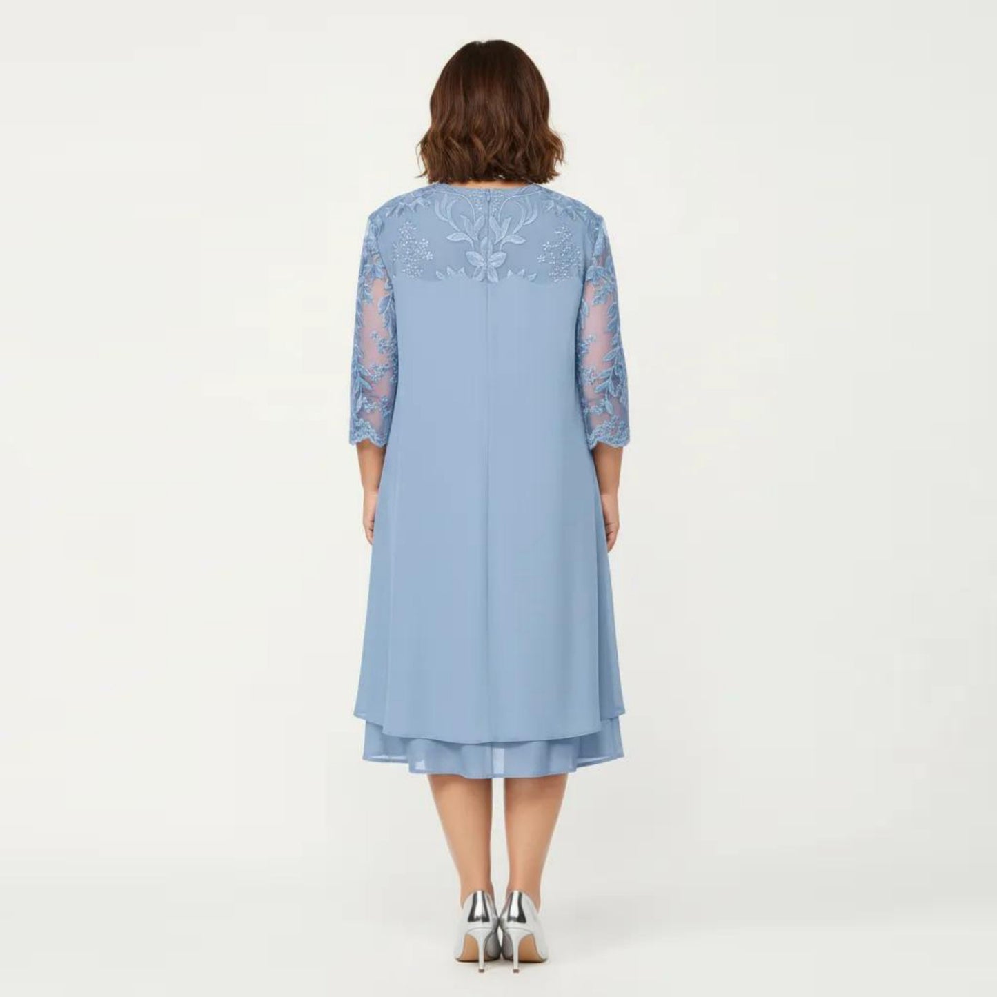 Plus Size Lace Yoke Midi Dress with Sheer Sleeve Detail and Layered Hem Flowy Elegant Dress