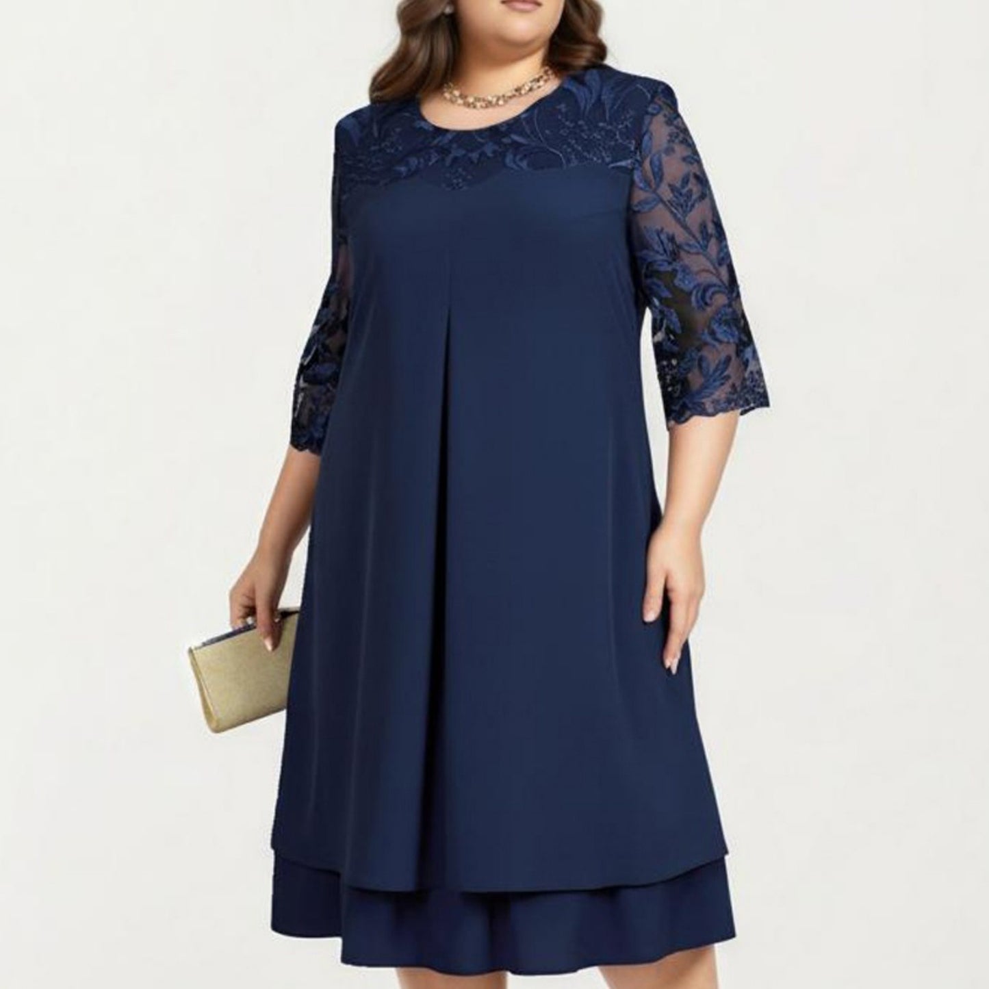 Plus Size Lace Yoke Midi Dress with Sheer Sleeve Detail and Layered Hem Flowy Elegant Dress