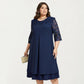 Plus Size Lace Yoke Midi Dress with Sheer Sleeve Detail and Layered Hem Flowy Elegant Dress