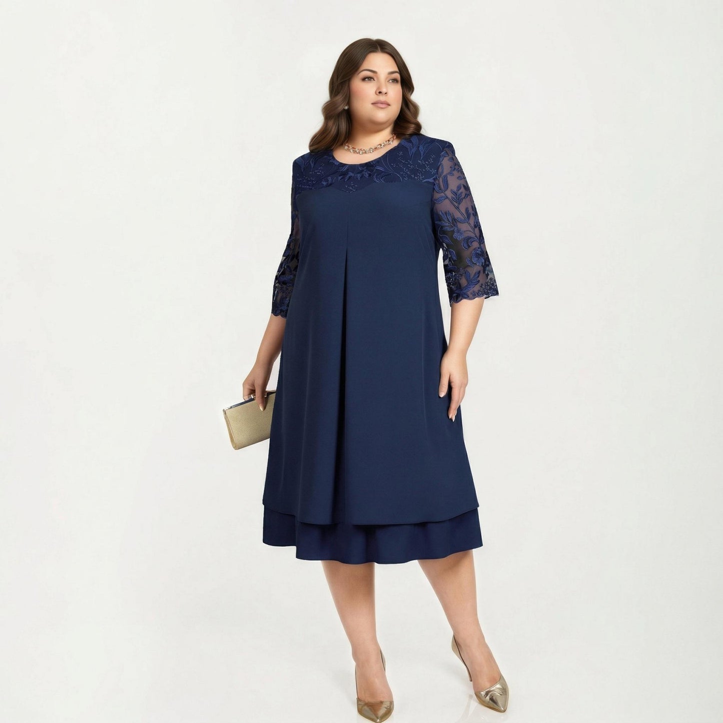 Plus Size Lace Yoke Midi Dress with Sheer Sleeve Detail and Layered Hem Flowy Elegant Dress