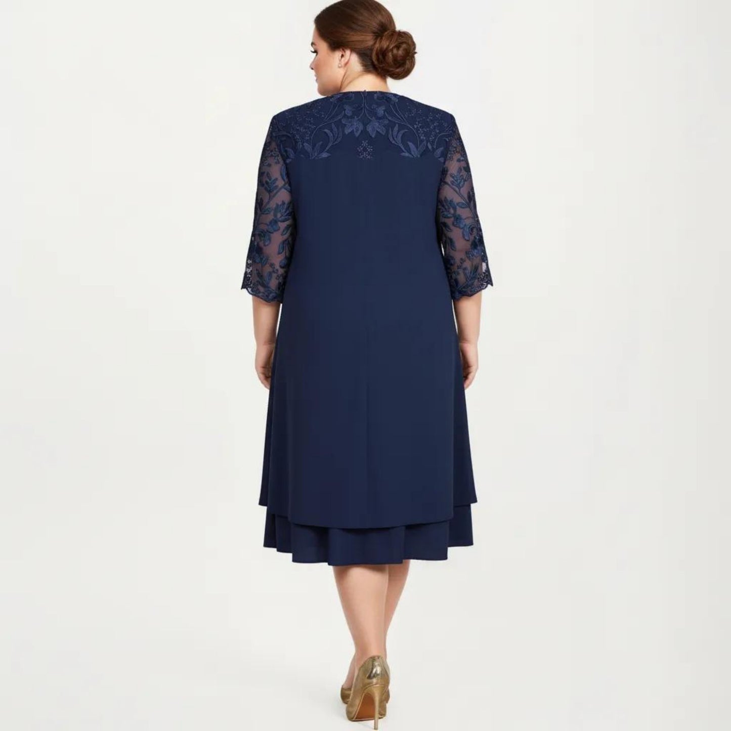 Plus Size Lace Yoke Midi Dress with Sheer Sleeve Detail and Layered Hem Flowy Elegant Dress