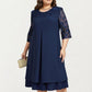 Plus Size Lace Yoke Midi Dress with Sheer Sleeve Detail and Layered Hem Flowy Elegant Dress