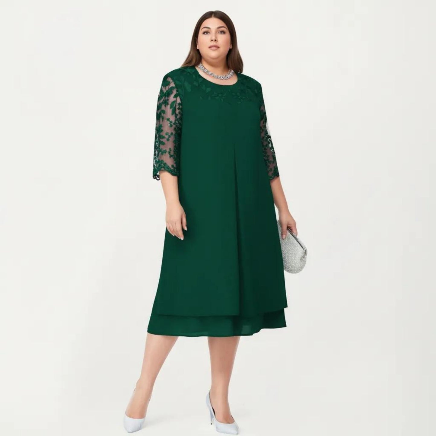 Plus Size Lace Yoke Midi Dress with Sheer Sleeve Detail and Layered Hem Flowy Elegant Dress