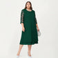 Plus Size Lace Yoke Midi Dress with Sheer Sleeve Detail and Layered Hem Flowy Elegant Dress
