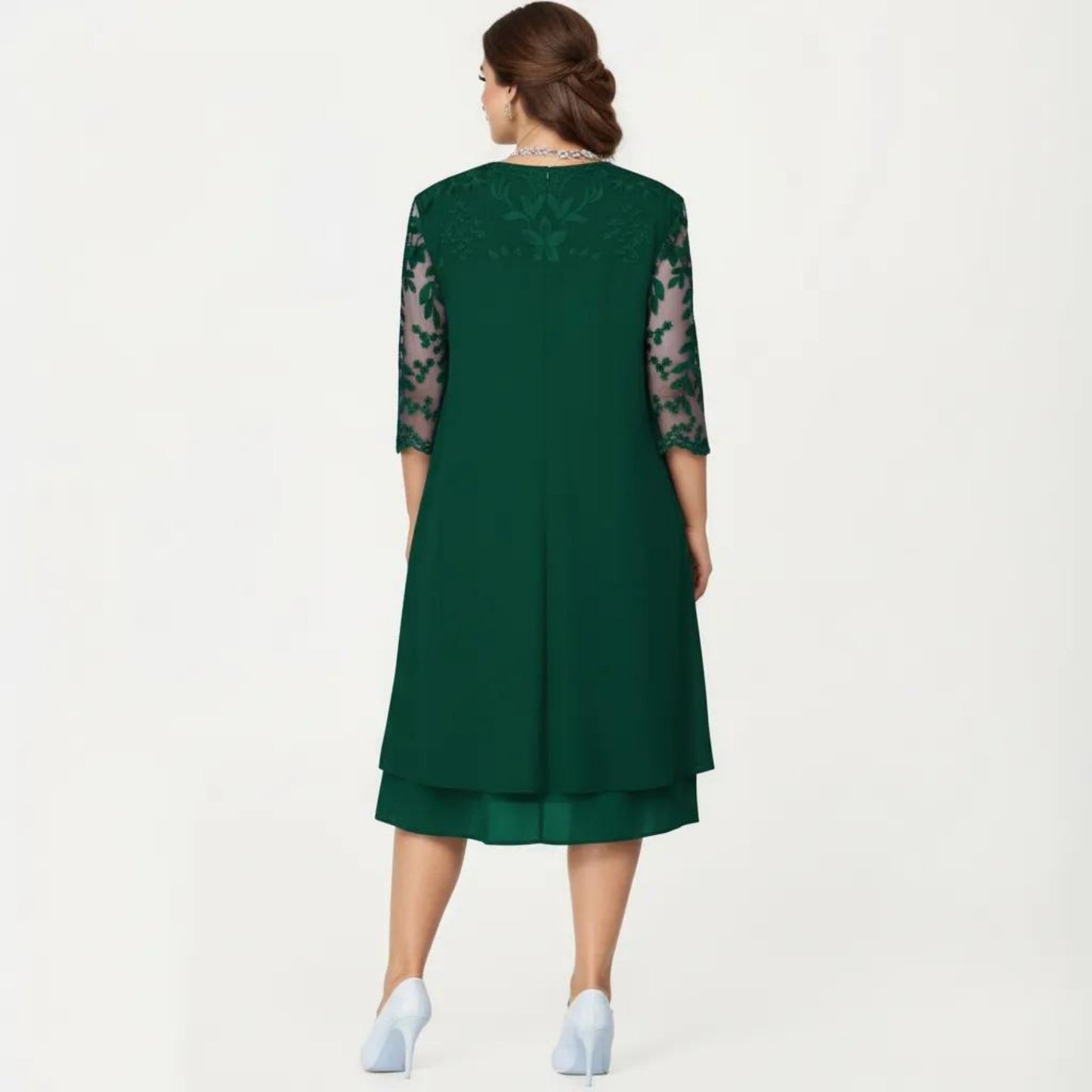 Plus Size Lace Yoke Midi Dress with Sheer Sleeve Detail and Layered Hem Flowy Elegant Dress