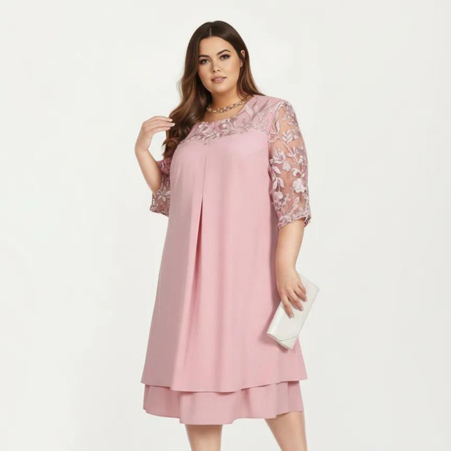 Plus Size Lace Yoke Midi Dress with Sheer Sleeve Detail and Layered Hem Flowy Elegant Dress