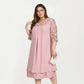 Plus Size Lace Yoke Midi Dress with Sheer Sleeve Detail and Layered Hem Flowy Elegant Dress