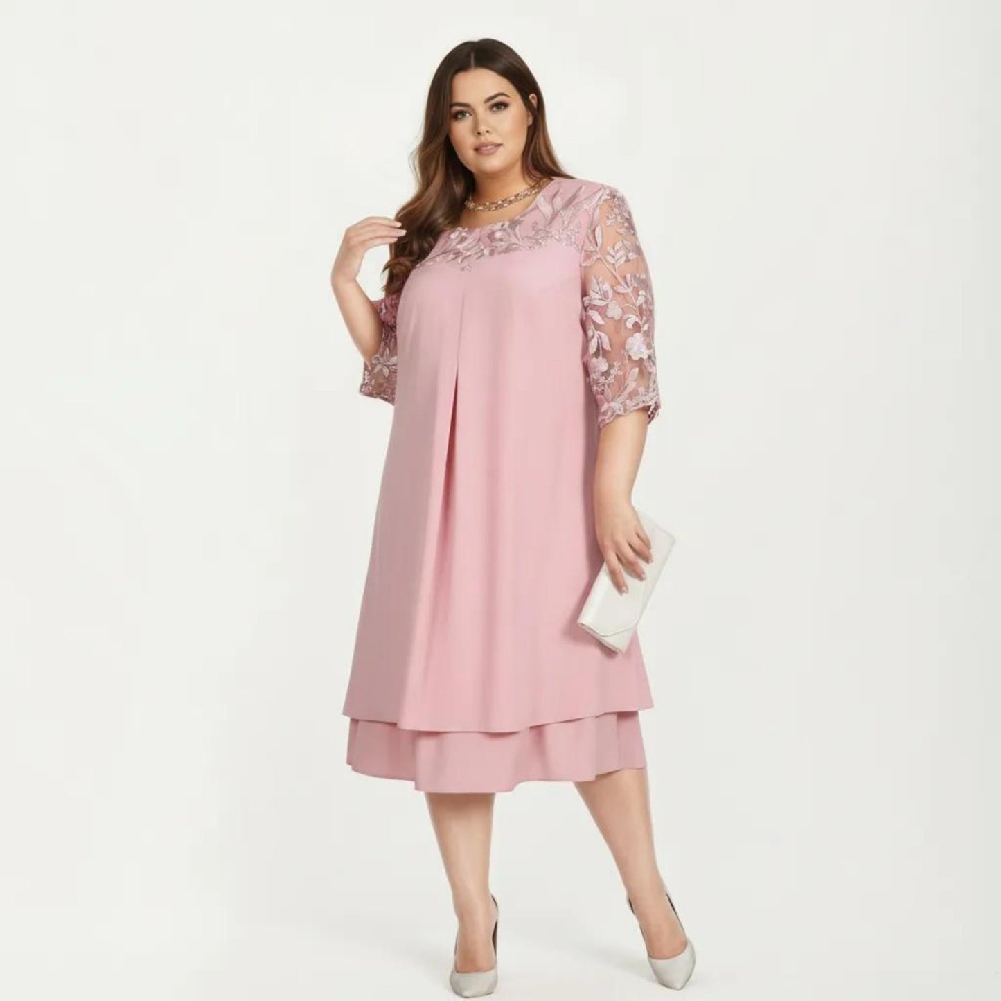 Plus Size Lace Yoke Midi Dress with Sheer Sleeve Detail and Layered Hem Flowy Elegant Dress