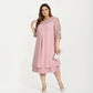 Plus Size Lace Yoke Midi Dress with Sheer Sleeve Detail and Layered Hem Flowy Elegant Dress